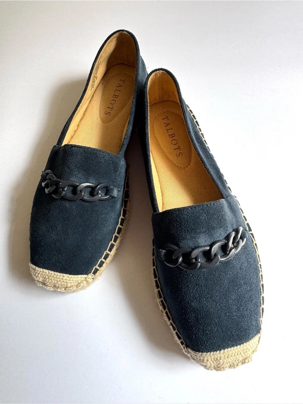 Talbots Navy Suede Espadrille Flats with Chain Accent